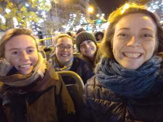On the Christmas lights bus with Ellie, Caitlin and Cathy